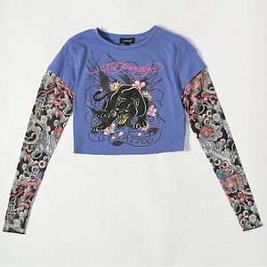 Ed Hardy Y2K Swallow 2fer Midnight Long Sleeve Crop T-Shirt
